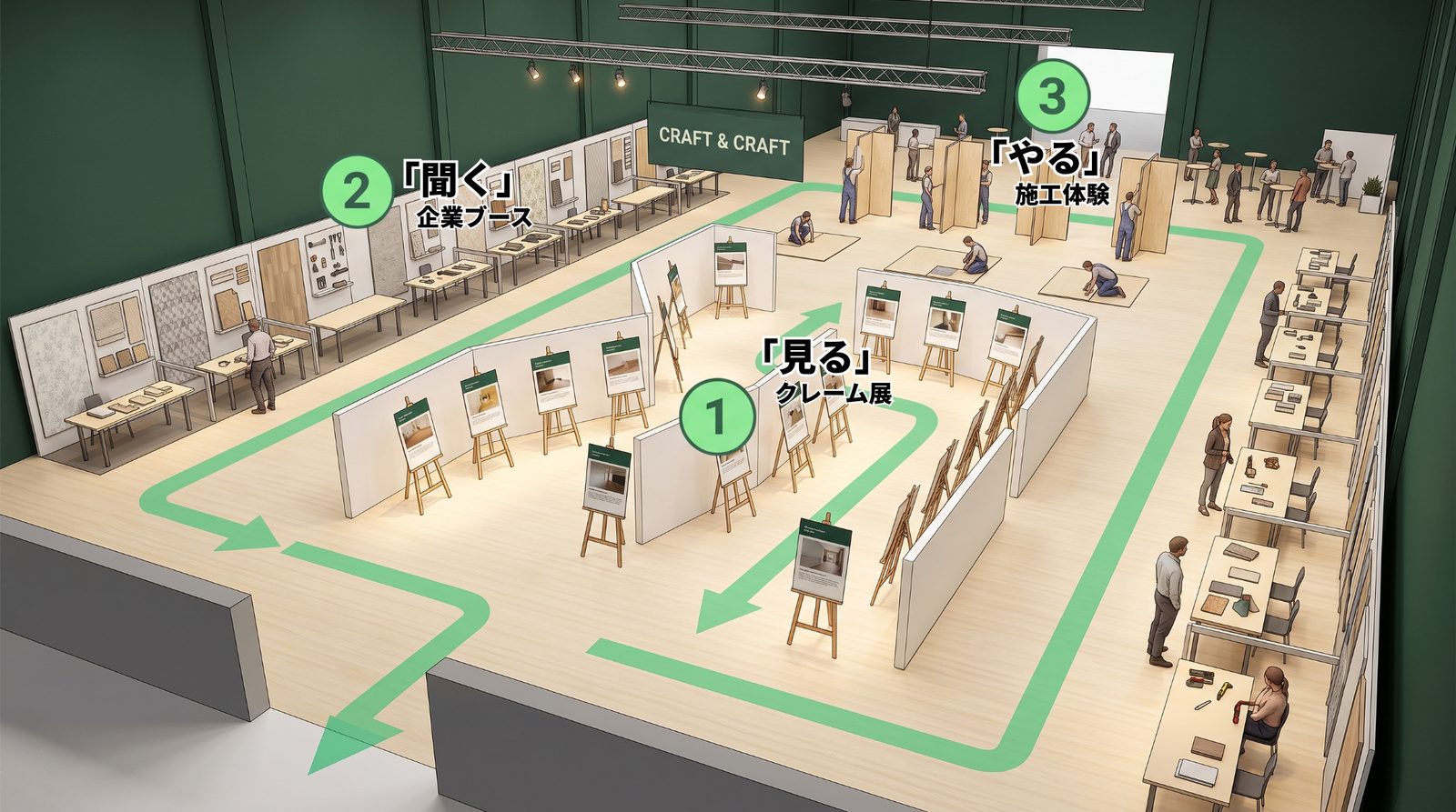 会場のイメージ。中央にクレーム展のギャラリー、壁側にメーカーの企業ブース、奥に施工体験のスペースがあり、順路が矢印で示されている